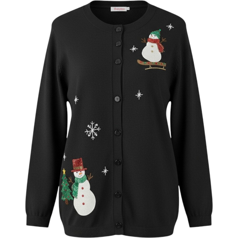 Mercer Street Studio Womens Black Snowman Embroidered Cardigan XL Ramie Cotton